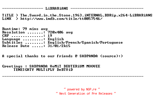 NFO for the release The.Sword.in.the.Stone.1963.iNTERNAL.BDRip.x264-LiBRARiANS by LiBRARiANS