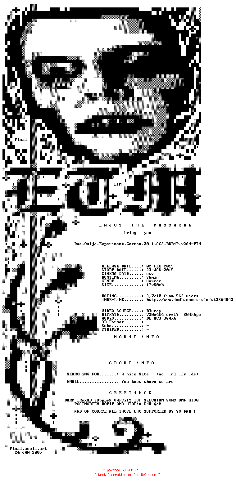 NFO for the release Das.Ouija.Experiment.German.2011.AC3.BDRiP.x264-ETM by ETM