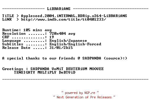 NFO for the release Appleseed.2004.iNTERNAL.BDRip.x264-LiBRARiANS by LiBRARiANS