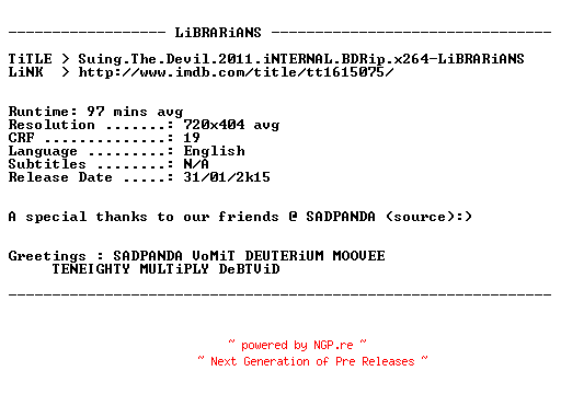 NFO for the release Suing.The.Devil.2011.iNTERNAL.BDRip.x264-LiBRARiANS by LiBRARiANS