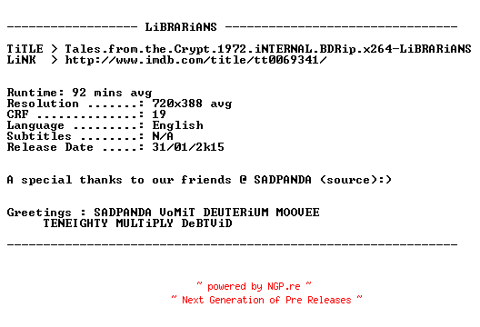 NFO for the release Tales.from.the.Crypt.1972.iNTERNAL.BDRip.x264-LiBRARiANS by LiBRARiANS