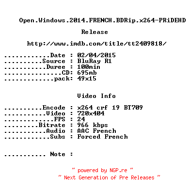 NFO for the release Open.Windows.2014.FRENCH.BDRip.x264-PRiDEHD by PRiDEHD