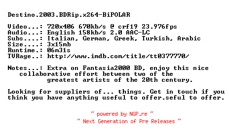 NFO for the release Destino.2003.BDRip.x264-BiPOLAR by BiPOLAR