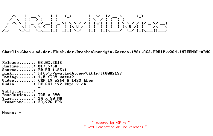 NFO for the release Charlie.Chan.und.der.Fluch.der.Drachenkoenigin.German.1981.AC3.BDRiP.x264.iNTERNAL-ARMO by ARMO