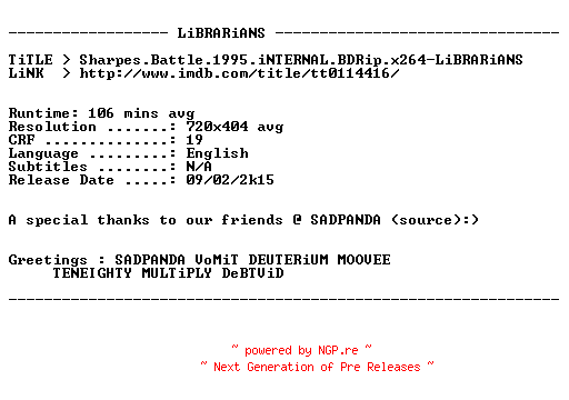 NFO for the release Sharpes.Battle.1995.iNTERNAL.BDRip.x264-LiBRARiANS by LiBRARiANS