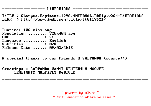NFO for the release Sharpes.Regiment.1996.iNTERNAL.BDRip.x264-LiBRARiANS by LiBRARiANS