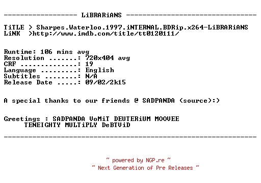 NFO for the release Sharpes.Waterloo.1997.iNTERNAL.BDRip.x264-LiBRARiANS by LiBRARiANS