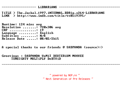 NFO for the release The.Jackal.1997.iNTERNAL.BDRip.x264-LiBRARiANS by LiBRARiANS