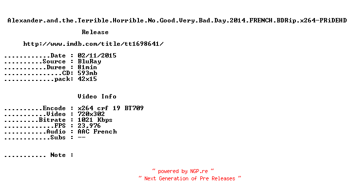 NFO for the release Alexander.and.the.Terrible.Horrible.No.Good.Very.Bad.Day.2014.FRENCH.BDRip.x264-PRiDEHD by PRiDEHD
