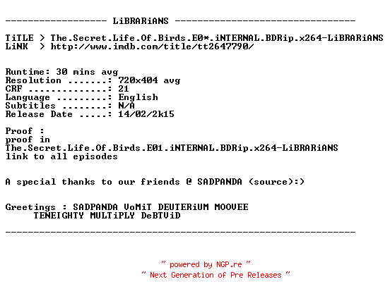 NFO for the release The.Secret.Life.Of.Birds.E04.iNTERNAL.BDRip.x264-LiBRARiANS by LiBRARiANS