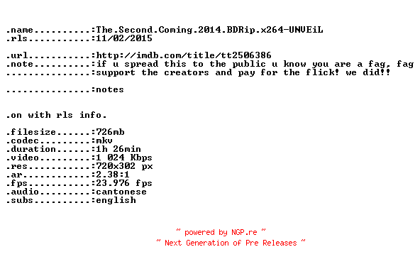 NFO for the release The.Second.Coming.2014.BDRip.x264-UNVEiL by UNVEiL