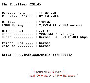 NFO for the release The.Equalizer.German.BDRiP.x264-EXQUiSiTE by EXQUiSiTE
