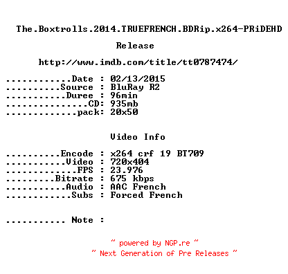 NFO for the release The.Boxtrolls.2014.TRUEFRENCH.BDRip.x264-PRiDEHD by PRiDEHD