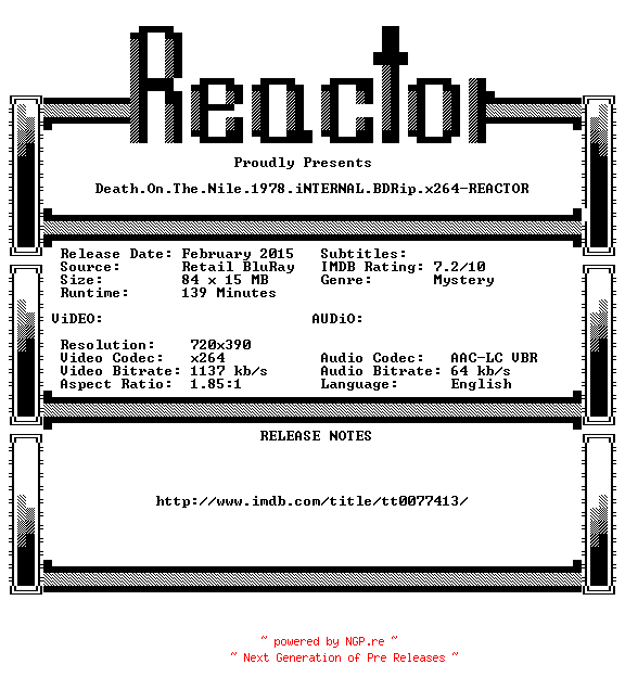 NFO for the release Death.On.The.Nile.1978.iNTERNAL.BDRip.x264-REACTOR by REACTOR