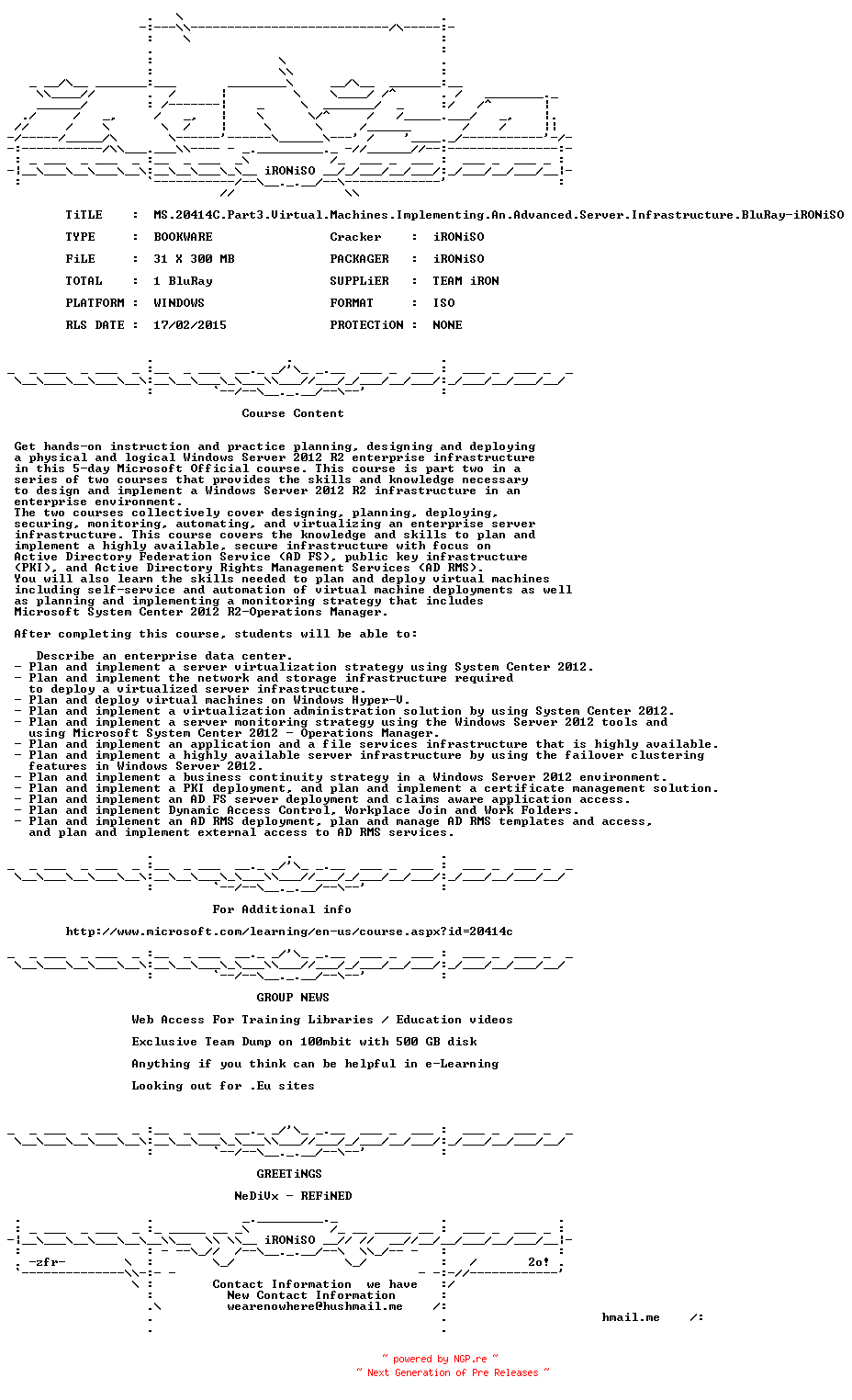 NFO for the release MS.20414C.Part3.Virtual.Machines.Implementing.An.Advanced.Server.Infrastructure.BluRay-iRONiSO by iRONiSO