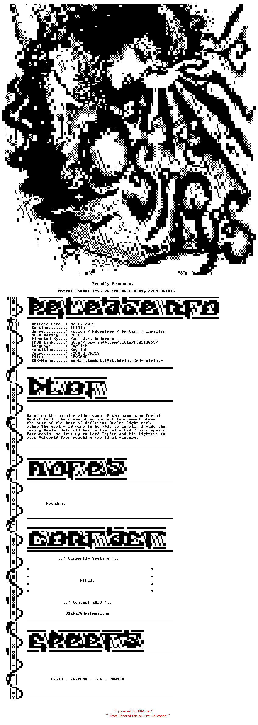 NFO for the release Mortal.Kombat.1995.WS.iNTERNAL.BDRip.X264-OSiRiS by OSiRiS