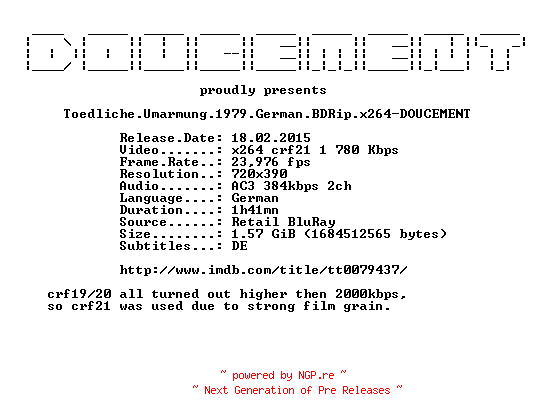 NFO for the release Toedliche.Umarmung.1979.German.BDRip.x264-DOUCEMENT by DOUCEMENT