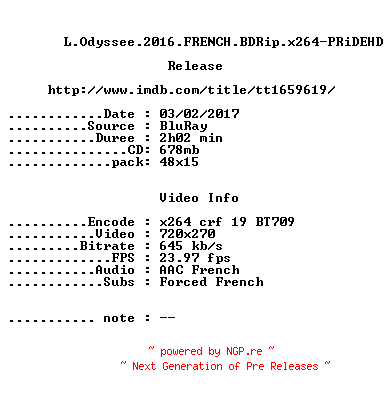 NFO for the release L.Odyssee.2016.FRENCH.BDRip.x264-PRiDEHD by PRiDEHD