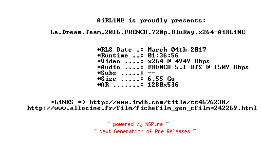 NFO for the release La.Dream.Team.2016.FRENCH.720p.BluRay.x264-AiRLiNE by AiRLiNE