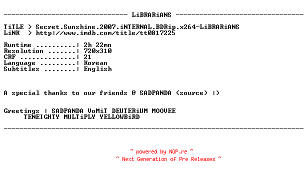NFO for the release Secret.Sunshine.2007.iNTERNAL.BDRip.x264-LiBRARiANS by LiBRARiANS