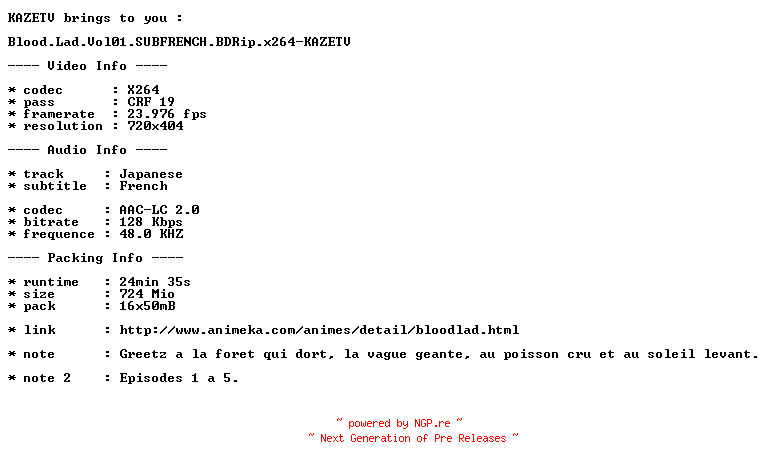 NFO for the release Blood.Lad.Vol01.SUBFRENCH.BDRip.x264-KAZETV by KAZETV