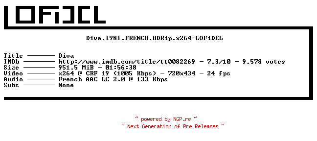 NFO for the release Diva.1981.FRENCH.BDRip.x264-LOFiDEL by LOFiDEL