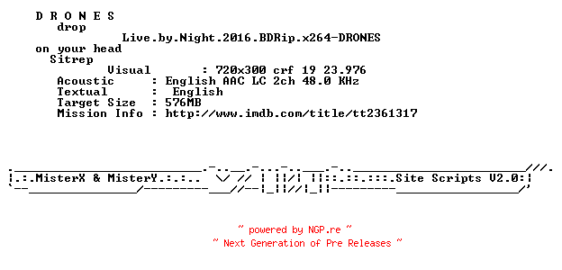 NFO for the release Live.by.Night.2016.BDRip.x264-DRONES by DRONES