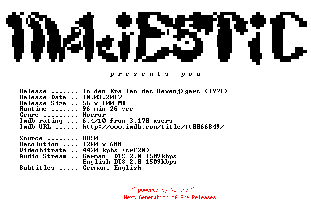 NFO for the release In.den.Krallen.des.Hexenjaegers.1971.German.DL.720p.BluRay.x264-MAJESTiC by MAJESTiC