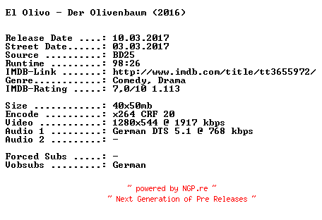 NFO for the release El.Olivo.Der.Olivenbaum.2016.German.720p.BluRay.x264-SPiCY by SPiCY