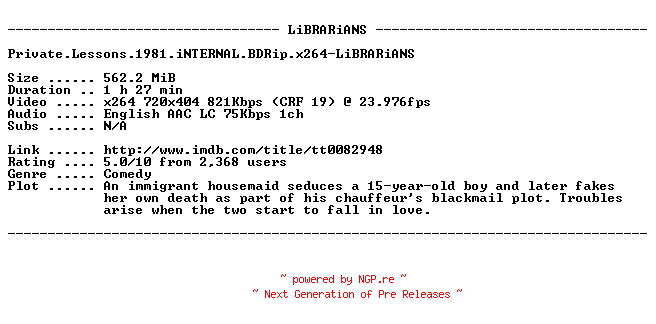 NFO for the release Private.Lessons.1981.iNTERNAL.BDRip.x264-LiBRARiANS by LiBRARiANS