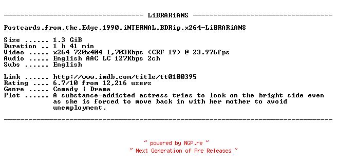 NFO for the release Postcards.from.the.Edge.1990.iNTERNAL.BDRip.x264-LiBRARiANS by LiBRARiANS