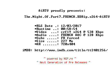 NFO for the release The.Night.Of.Part7.FRENCH.BDRip.x264-AiRTV by AiRTV