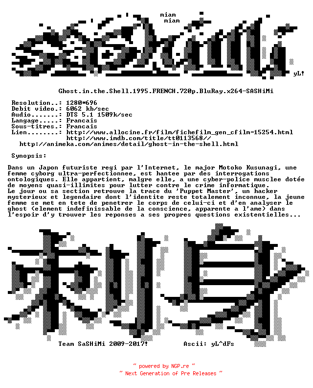 NFO for the release Ghost.in.the.Shell.1995.FRENCH.720p.BluRay.x264-SASHiMi by SASHiMi