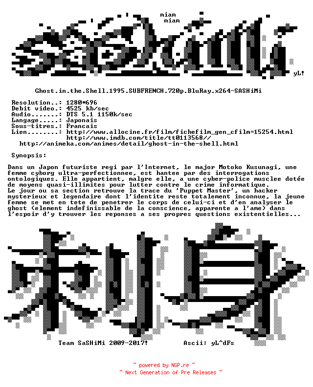 NFO for the release Ghost.in.the.Shell.1995.SUBFRENCH.720p.BluRay.x264-SASHiMi by SASHiMi