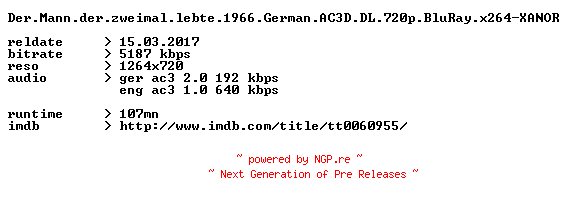 NFO for the release Der.Mann.der.zweimal.lebte.1966.German.AC3D.DL.720p.BluRay.x264-XANOR by XANOR