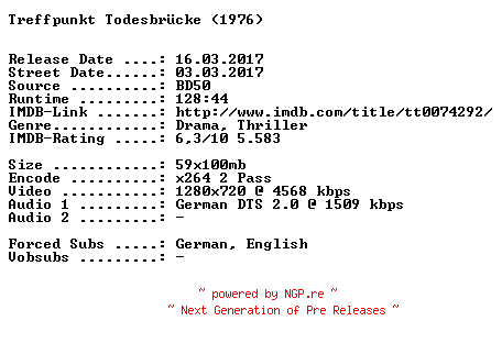NFO for the release Treffpunkt.Todesbruecke.1976.German.720p.BluRay.x264-SPiCY by SPiCY