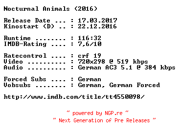 NFO for the release Nocturnal.Animals.German.2016.AC3.BDRip.x264-COiNCiDENCE by COiNCiDENCE