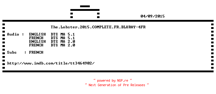 NFO for the release The.Lobster.2015.COMPLETE.FR.BLURAY-4FR by 4FR