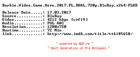 NFO for the release Barbie.Video.Game.Hero.2017.PL.DUAL.720p.BluRay.x264-PLHD by PLHD