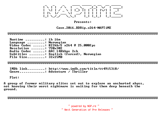 NFO for the release Cave.2016.BDRip.x264-NAPTiME by NAPTiME