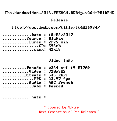NFO for the release The.Handmaiden.2016.FRENCH.BDRip.x264-PRiDEHD by PRiDEHD