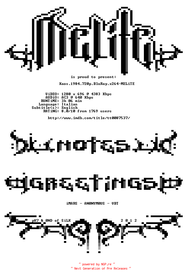 NFO for the release Kaos.1984.720p.BluRay.x264-MELiTE by MELiTE