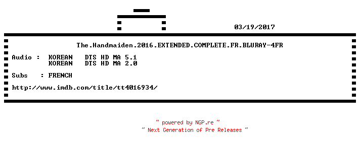 NFO for the release The.Handmaiden.2016.EXTENDED.COMPLETE.FR.BLURAY-4FR by 4FR