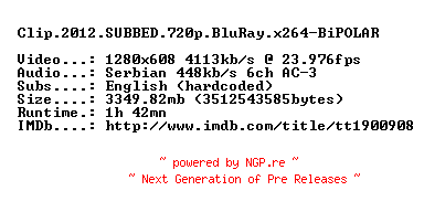 NFO for the release Clip.2012.SUBBED.720p.BluRay.x264-BiPOLAR by BiPOLAR
