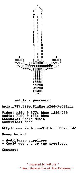 NFO for the release Aria.1987.720p.BluRay.x264-RedBlade by RedBlade