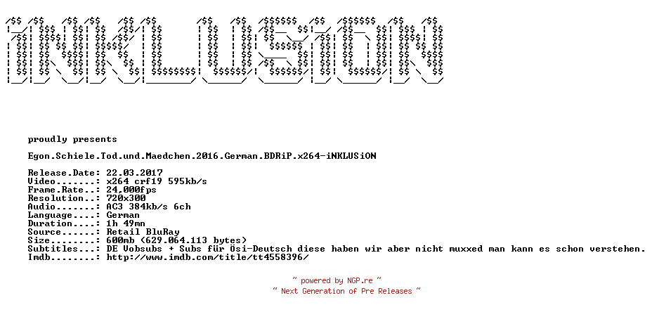 NFO for the release Egon.Schiele.Tod.und.Maedchen.2016.German.BDRiP.x264-iNKLUSiON by iNKLUSiON