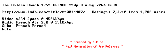 NFO for the release The.Golden.Coach.1952.FRENCH.720p.BluRay.x264-DuSS by DuSS