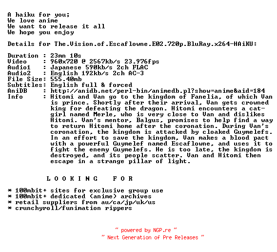 NFO for the release The.Vision.of.Escaflowne.E02.720p.BluRay.x264-HAiKU by HAiKU