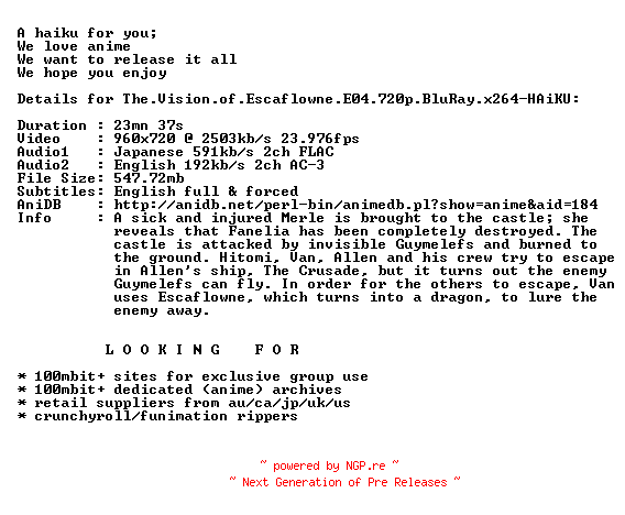 NFO for the release The.Vision.of.Escaflowne.E04.720p.BluRay.x264-HAiKU by HAiKU