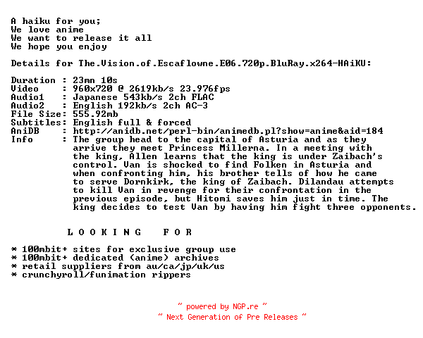 NFO for the release The.Vision.of.Escaflowne.E06.720p.BluRay.x264-HAiKU by HAiKU